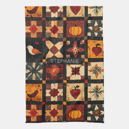 Rustic Autumn Patchwork Quilt Pattern | Farmhouse キッチンタオル (縦)