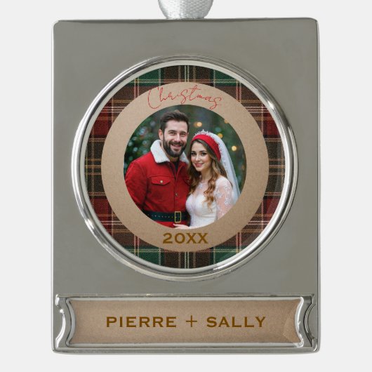 Rustic Autumn Plaid シルバープレートバナーオーナメント (正面)