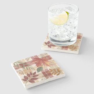 Rustic Autumn Plaid & Leaves | Stone Coaster ストーンコースター