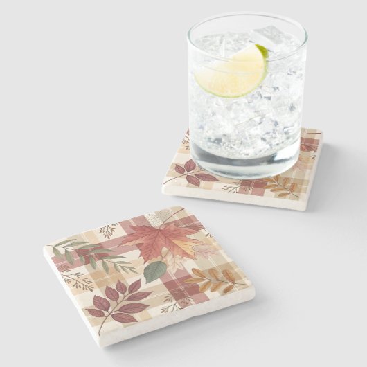 Rustic Autumn Plaid & Leaves | Stone Coaster ストーンコースター (横)