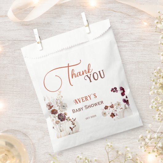 Rustic Autumn Pumpkin Floral Baby Shower Thank You フェイバーバッグ (クリップ留めされた状態)