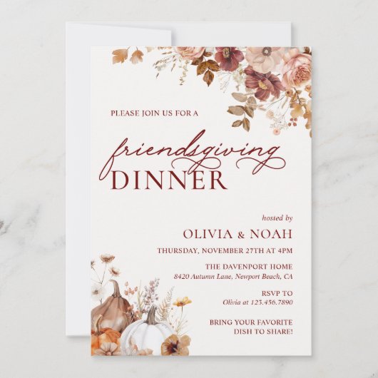 Rustic Autumn Pumpkin Floral Friendsgiving Dinner 招待状 (正面)