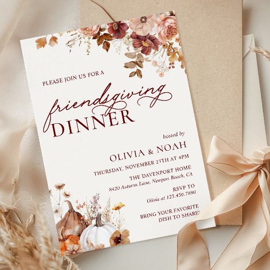 Rustic Autumn Pumpkin Floral Friendsgiving Dinner 招待状