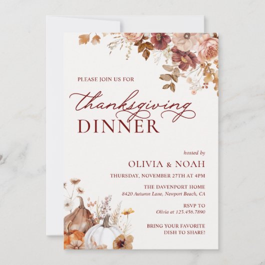 Rustic Autumn Pumpkin Floral Thanksgiving Dinner 招待状 (正面)