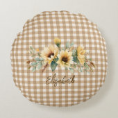 Rustic Autumn Sunflowers Gingham Personalized  ラウンドクッション (正面)