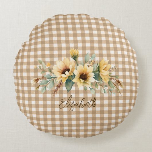 Rustic Autumn Sunflowers Gingham Personalized  ラウンドクッション (正面)