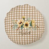 Rustic Autumn Sunflowers Gingham Personalized  ラウンドクッション (裏面)