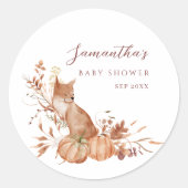 Rustic Autumn Terracotta Fox Pumpkin Baby Shower ラウンドシール (正面)