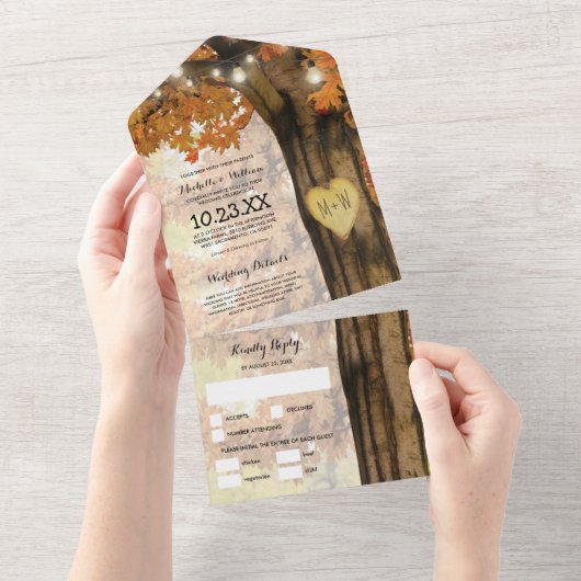  rustic autumn tree light wedding オールインワン招待状 (貼ってはがせる)