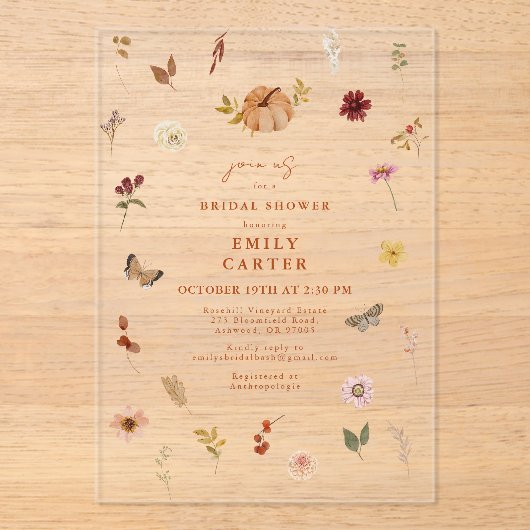 Rustic Autumn Wildflower Bridal Shower アクリル招待状 (正面)