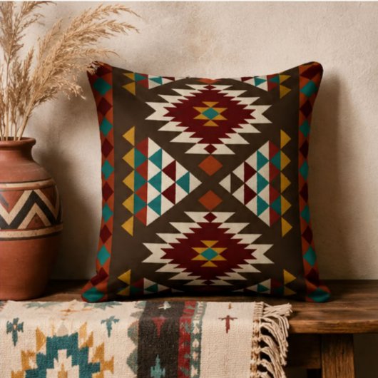 Rustic Aztec Diamond Red, Turquoise & Mustard クッション