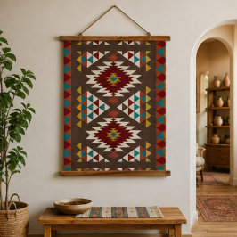 Rustic Aztec Diamond Red, Turquoise & Mustard 吊り下げ型タペストリー