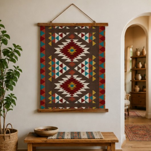 Rustic Aztec Diamond Red, Turquoise & Mustard 吊り下げ型タペストリー