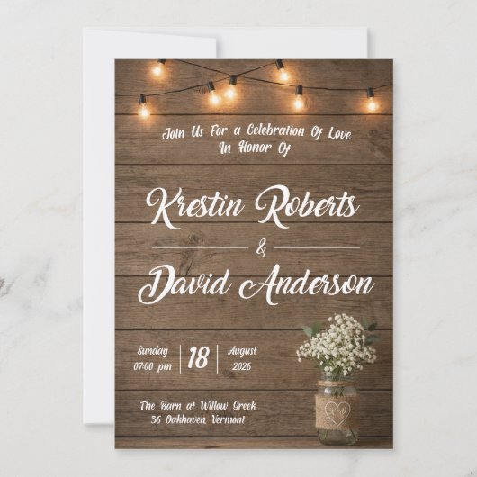 Rustic Baby’s Breath Mason Jar Wedding Invite 招待状 (正面)