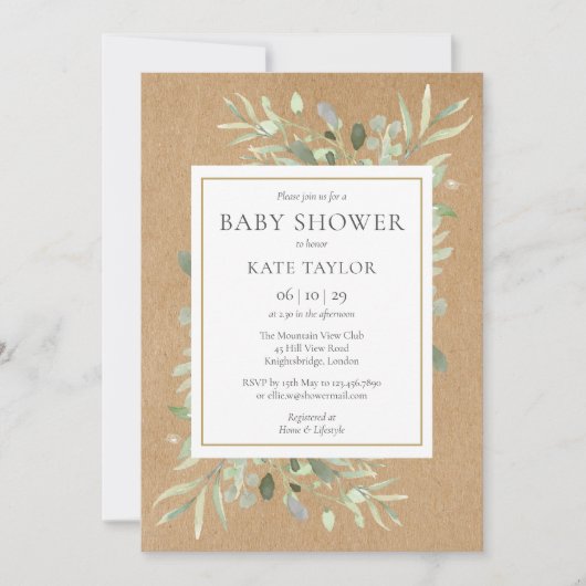 Rustic Baby Shower|Sprinkle Watercolour Greenery 招待状 (正面)
