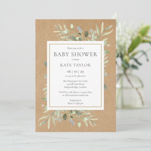 Rustic Baby Shower|Sprinkle Watercolour Greenery 招待状 (スタンド正面)