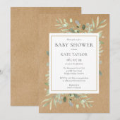 Rustic Baby Shower|Sprinkle Watercolour Greenery 招待状 (正面/裏面)