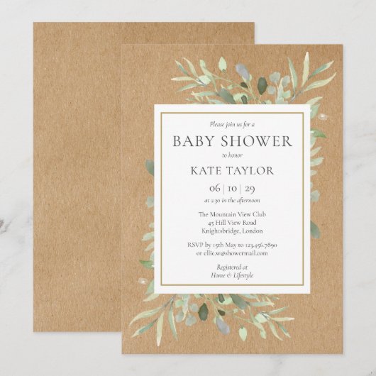 Rustic Baby Shower|Sprinkle Watercolour Greenery 招待状 (正面/裏面)