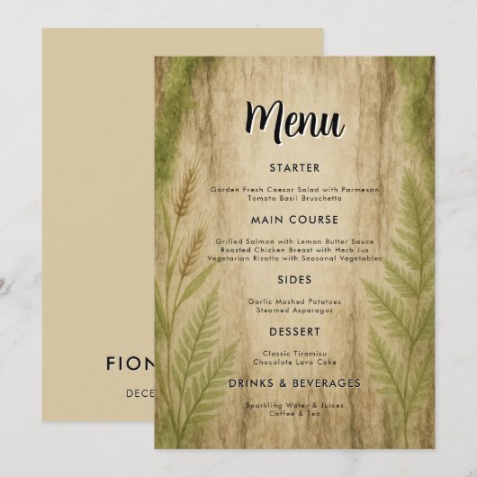 Rustic Bark and Moss Forest Wedding Menu Card メニュー (正面/裏面)