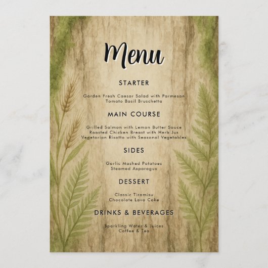 Rustic Bark and Moss Forest Wedding Menu Card メニュー (正面)