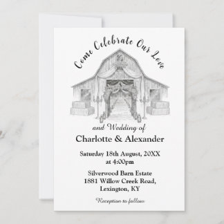 Rustic Barn Black and White Wedding Invitation 招待状