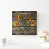 Rustic Barn Board Sunflowers Butterflies スクエア壁時計 (ホーム)