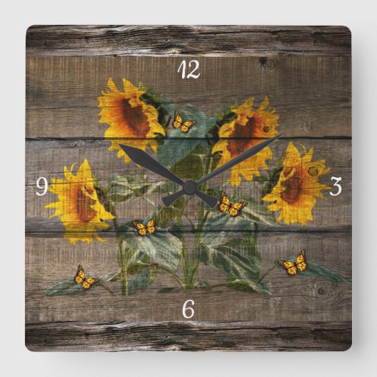 Rustic Barn Board Sunflowers Butterflies スクエア壁時計 (正面)
