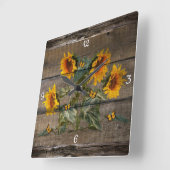 Rustic Barn Board Sunflowers Butterflies スクエア壁時計 (傾斜)