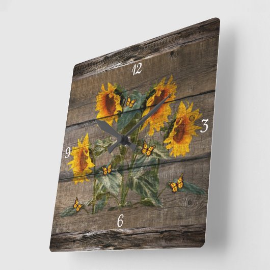 Rustic Barn Board Sunflowers Butterflies スクエア壁時計 (傾斜)