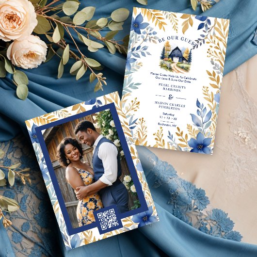 Rustic Barn Botanical Blue Leaves & Branches Frame セーブザデート