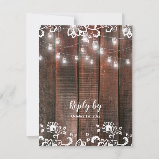 Rustic Barn Lace Wood QR Code String Light Wedding 出欠カード (正面)