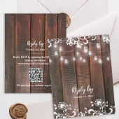 Rustic Barn Lace Wood QR Code String Light Wedding 出欠カード