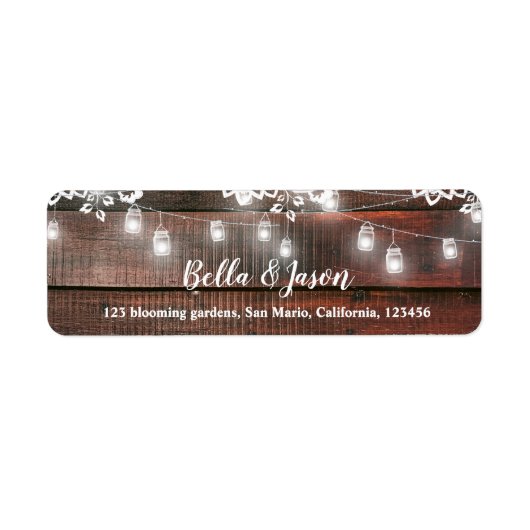 Rustic Barn Lace Wood String Light Wedding Address ラベル (正面)