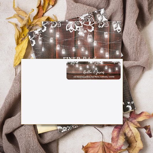 Rustic Barn Lace Wood String Light Wedding Address ラベル