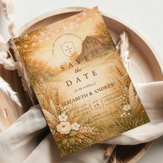 Rustic Barn Meadow String Lights Wedding セーブザデート