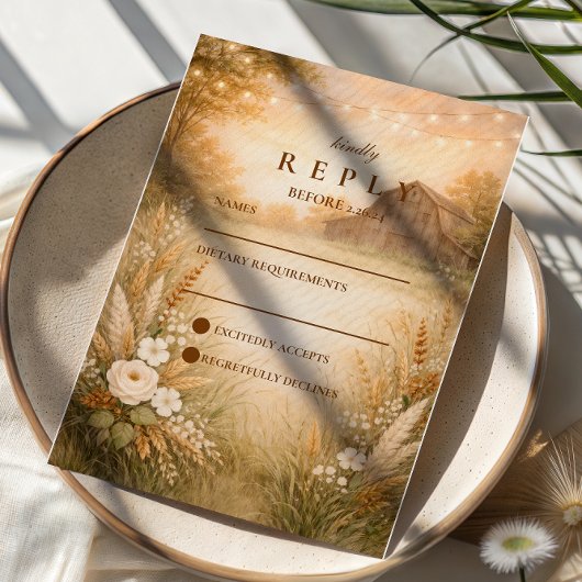 Rustic Barn Meadow String Lights Wedding 出欠カード