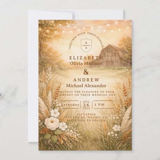 Rustic Barn Meadow String Lights Wedding 招待状 (正面)