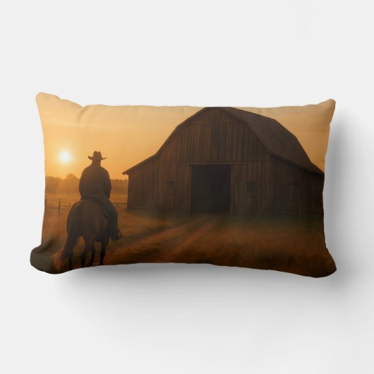 Rustic Barn Sunset Pillow - Country Western Farm  ランバークッション (正面)