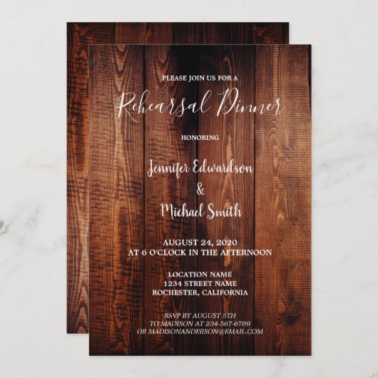 Rustic barn wood country wedding rehearsal dinner 招待状 (正面/裏面)