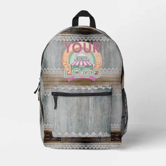 Rustic Barn Wood Lace Boho Chic Office Workspace  プリントバックパック (正面)