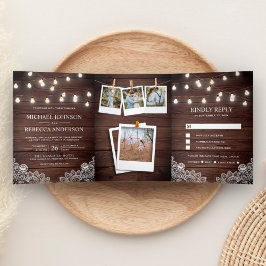 Rustic Barn Wood Lace String Lights 写真 ウェディング 三つ折り招待状