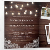 Rustic Barn Wood Lace String Lights 写真 ウェディング 三つ折り招待状 (内部最初)