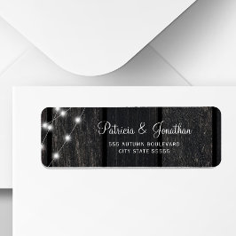 Rustic barn wood lights wedding return address ラベル