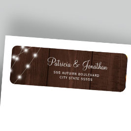 Rustic barn wood lights wedding return address ラベル