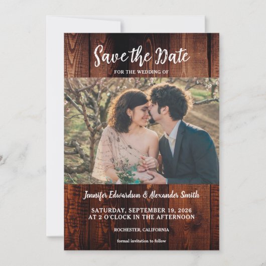 Rustic barn wood photo country save the date 招待状 (正面)