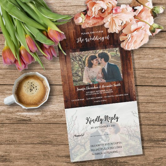 Rustic barn wood photo country Wedding オールインワン招待状