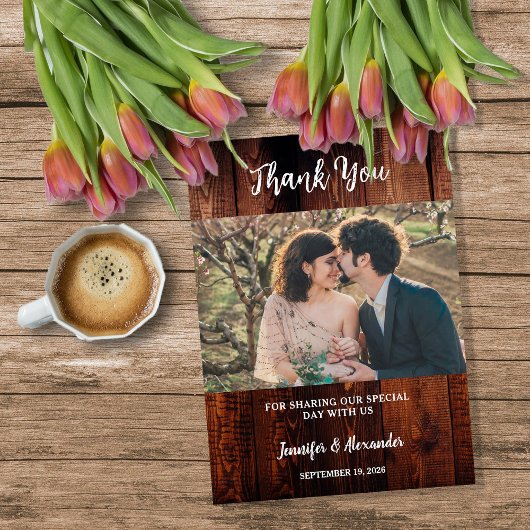 Rustic barn wood photo country wedding サンキューカード