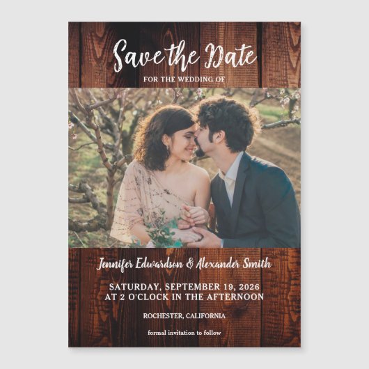 Rustic barn wood photo magnetic Save the Date (正面)