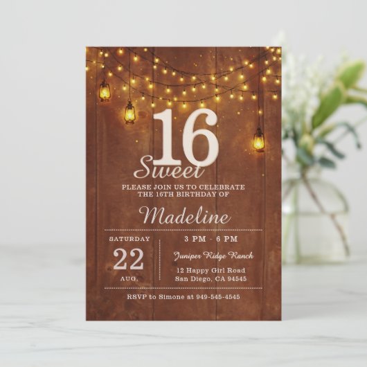 Rustic Barn Wood String Lights Lanterns Sweet 16 招待状 (スタンド正面)