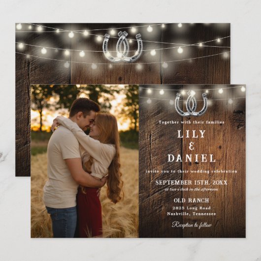Rustic Barn Wood String Lights Photo Wedding 招待状 (正面/裏面)